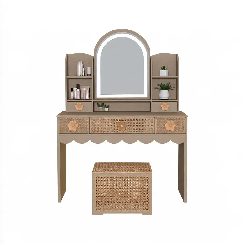 Tocador con espejo arqueado y frente decorativo - beige