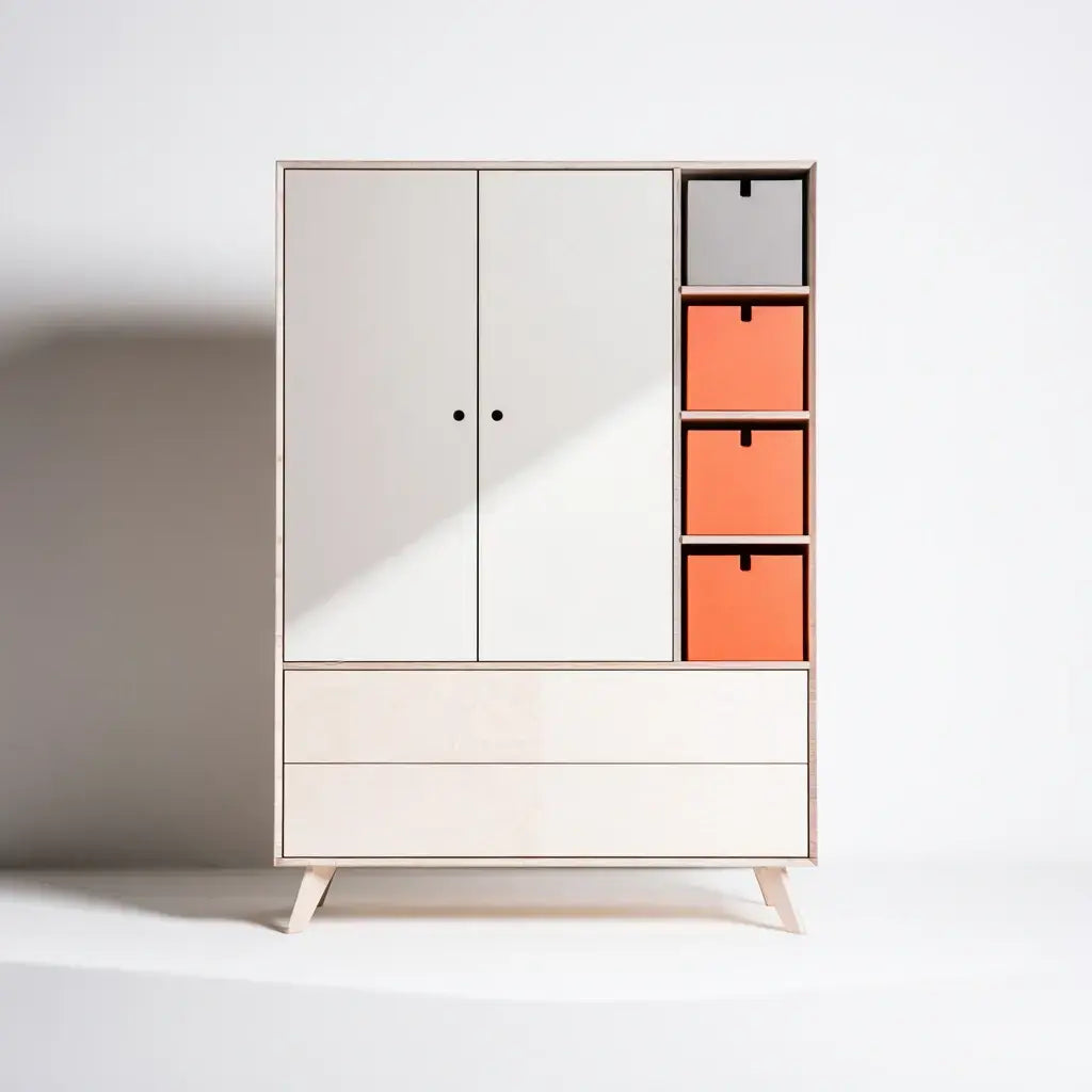 Armario con puertas lisas y módulos laterales - blanco/naranja