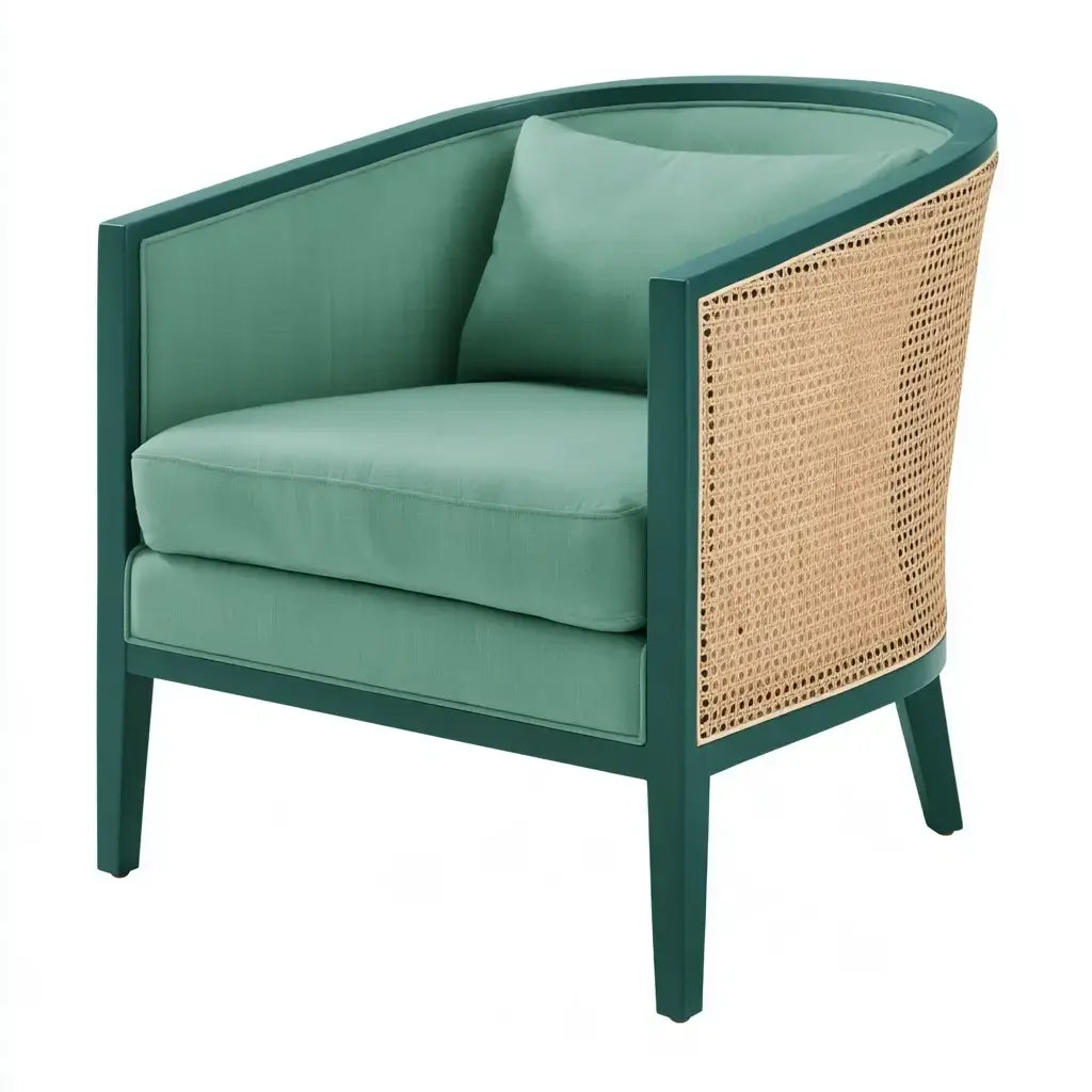 Sillón con laterales de rejilla y cojines lisos - verde/beige