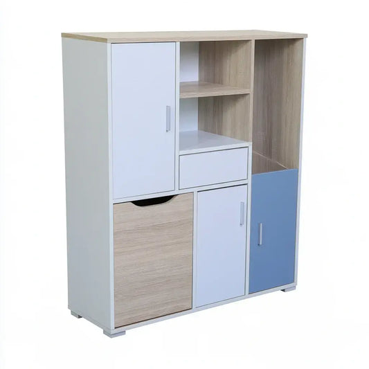 Armario con módulos abiertos y puertas asimétricas - blanco/azul/beige
