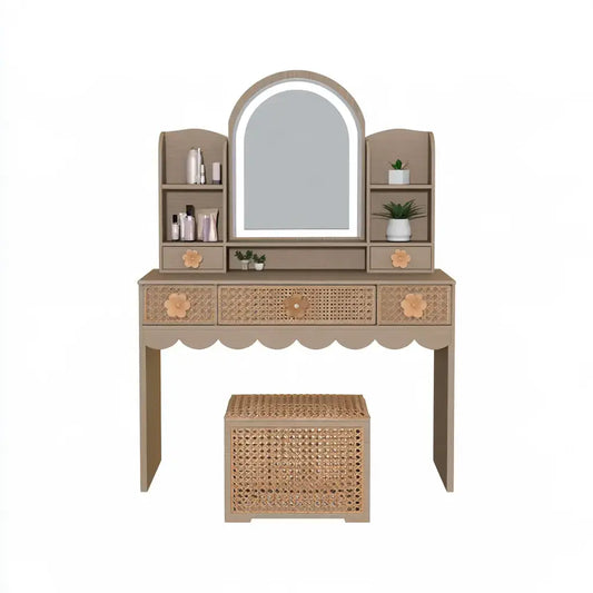 Tocador con espejo arqueado y frente decorativo - beige