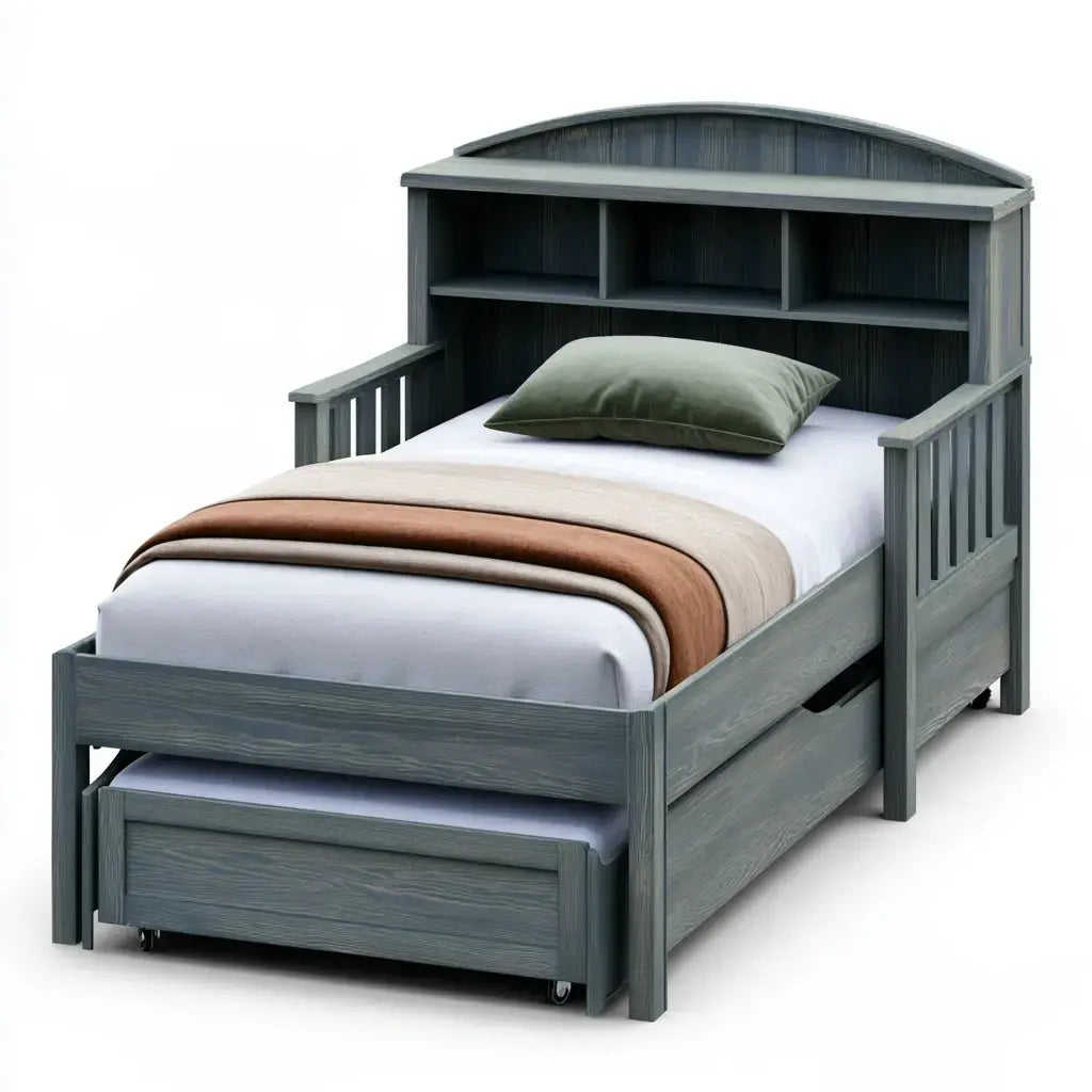 Cama con cabecero de estantes y cajones bajos - gris