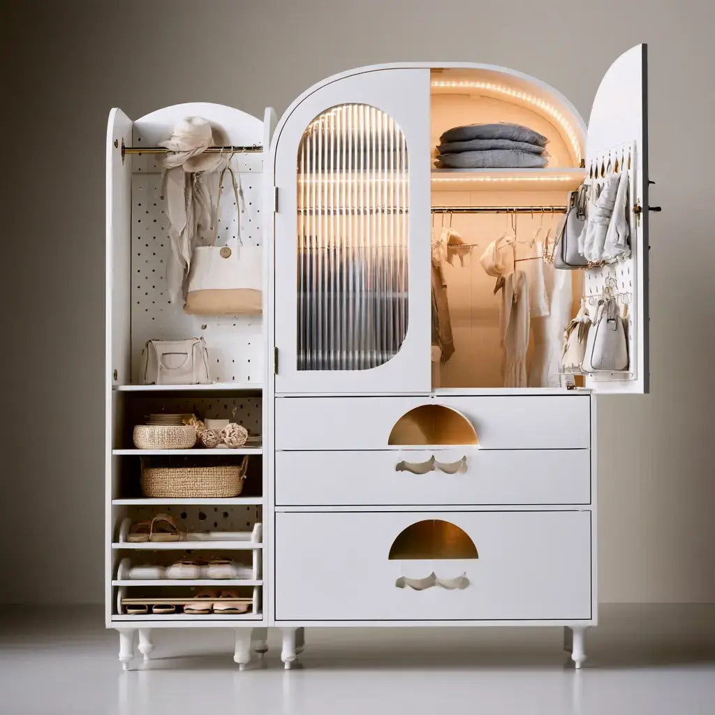 Armario con puertas curvas y módulos abiertos - blanco/beige