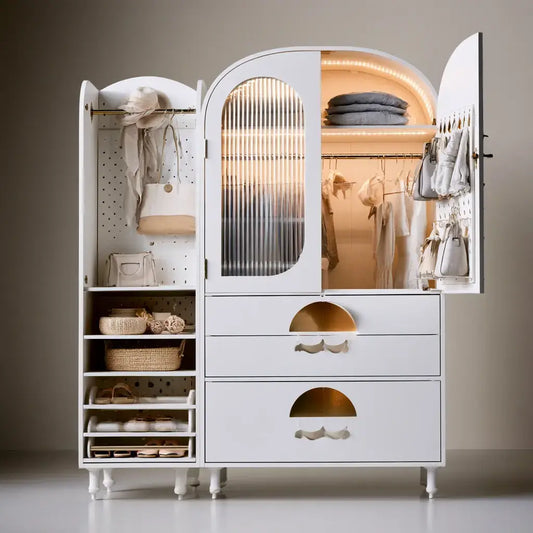Armario con puertas curvas y módulos abiertos - blanco/beige